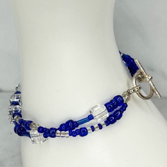 Blue and Clear Beaded Double Strand Silver Tone Toggle Bracelet - Picture 6 of 6